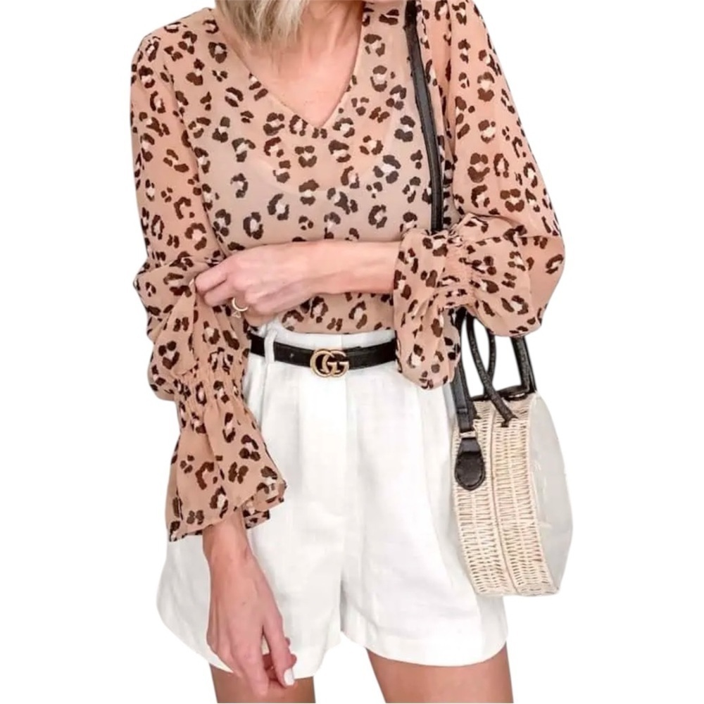 A New Day Leopard Print Ruffle Sleeve Blouse M NWT
